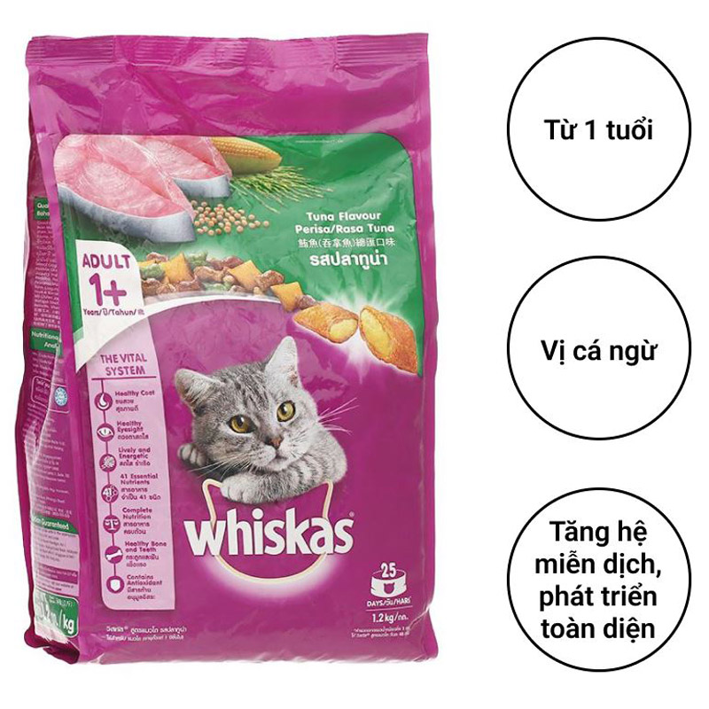 Để những bé mèo được đầy đủ chất dinh dưỡng thì thức ăn cho mèo lớn vị cá ngừ Whiskas túi 1.2kg là một sản phẩm mà bạn có thể quan tâm